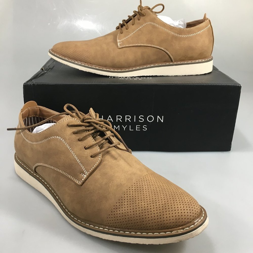 Harrison Myles 10 Camel Perforated Derby Oxford Shoes Faux Leather NEW